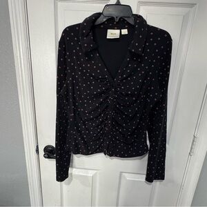 Maeve Anthropologie Ruched Button Front Top XL Black Tan Polka Dot Stretch